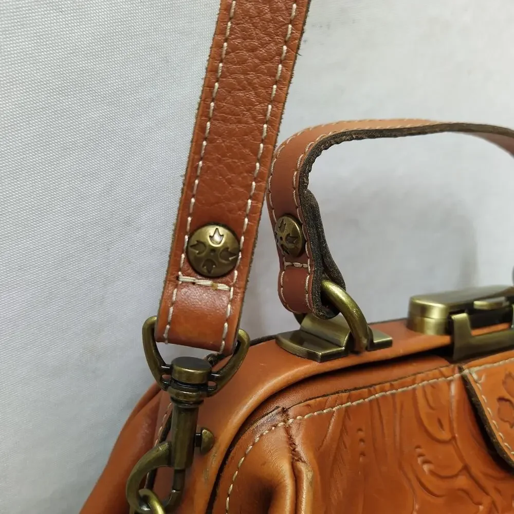 Patricia Nash Brown Leather Floral Pushlock Framed Closure Satchel Crossbody Bag